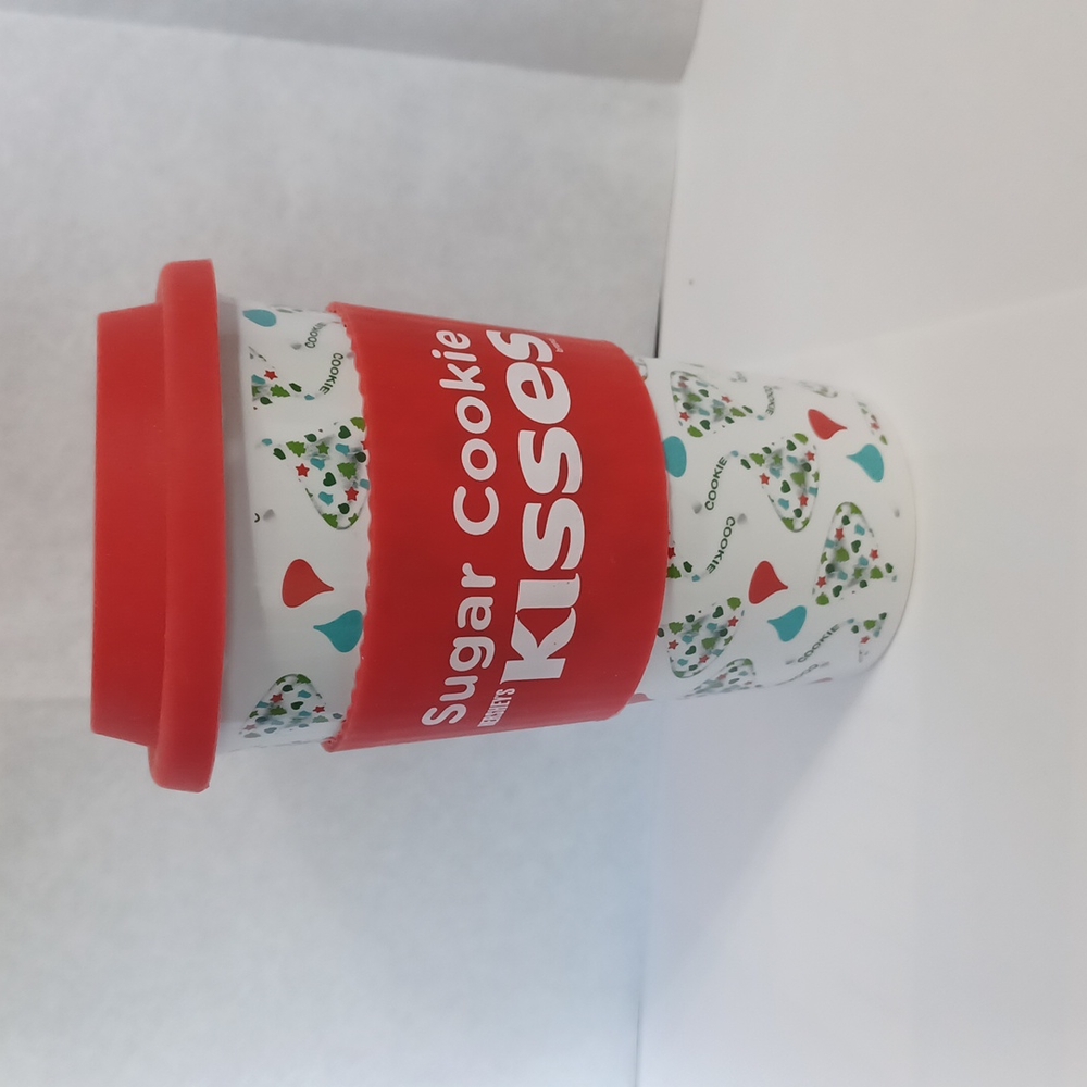 Hershey Sugar Kisses Ceramic Travel Mug with silicone grip and cover.